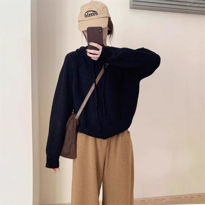 Design sense niche hooded knitted sweater top women's autumn and winter new small wear loose pullover sweater