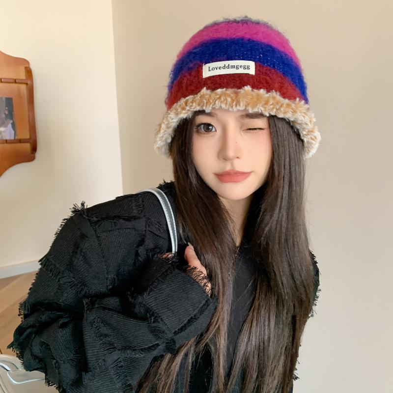 Autumn and Winter New Hat Women's Retro Niche Design Sense Knitted Fluffy Bucket Hat Colored Warm Ear Protector Basin Hat