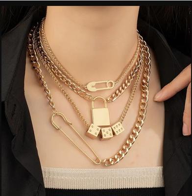 Boho-Chic Layered Necklace with Golden Lock and Safety Pin Charms - Stylish Party Elegant Pendant Necklace Dice  Jewelry Accessory