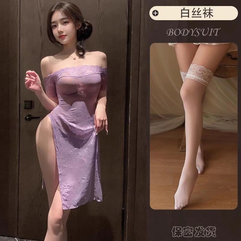 Sex underwear slit long skirt couple battle robe pure desire lace suit suspender cheongsam sexy underwear women's summer