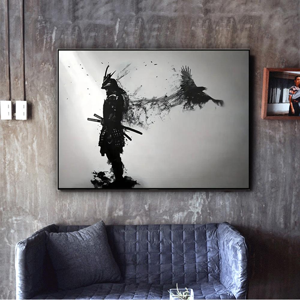 Black and White Japanese Black Samurai Man with Crow Posters and Print Wall Art Canvas Painting for Living Room Cuadros Decor 60 X 40 Cm