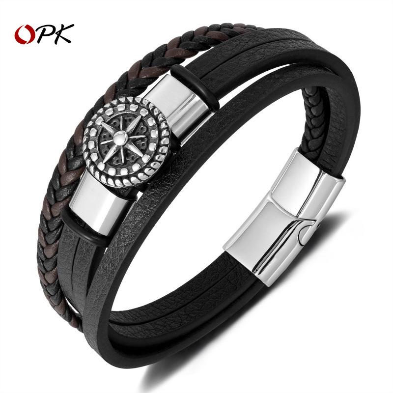 E-commerce Leather Bracelet Men's Stainless Steel Personalized Design Octagonal Star Multi-layer Woven Titanium