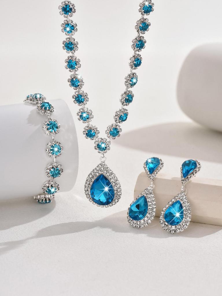 Ensemble de bijoux de mariée: Collier, Boucles d'oreilles à clous, Bracelet - Design floral multicolore avec accents de diamants complets