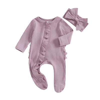 Newborn Girl Fall Outfit Solid Ribbed Ruffle Trim Long Sleeve Zipper Front Footed Jumpsuit Bow Headband 2 Piece Set