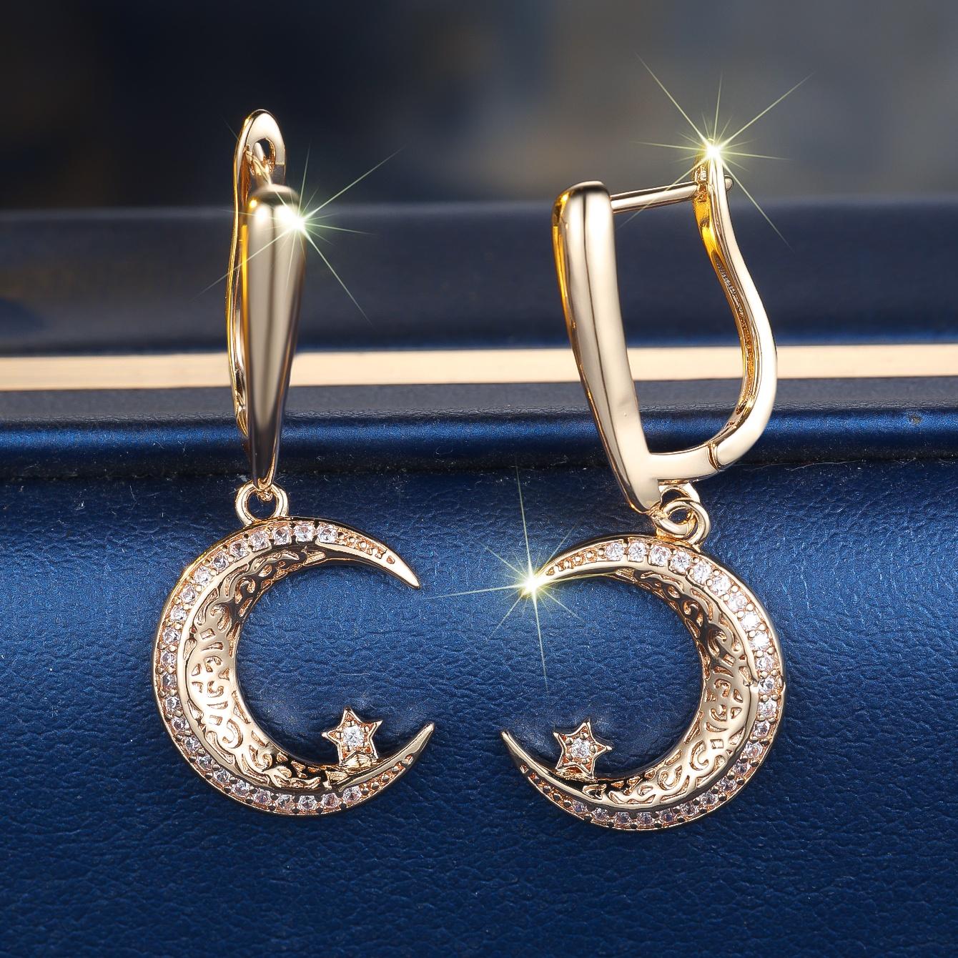 White Zircon Stone Moon Star Hoop Earrings Luxury Female Gold Color Wedding  For Women