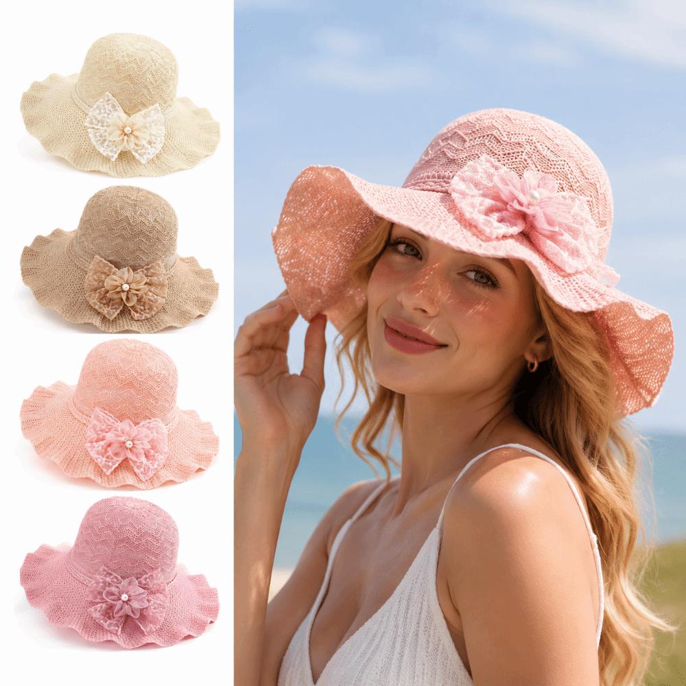 Breathable Wide Brim Straw Hat Adjustable Beach Sun Hat Sweet Ruffle Sun Hat  For Women Girls