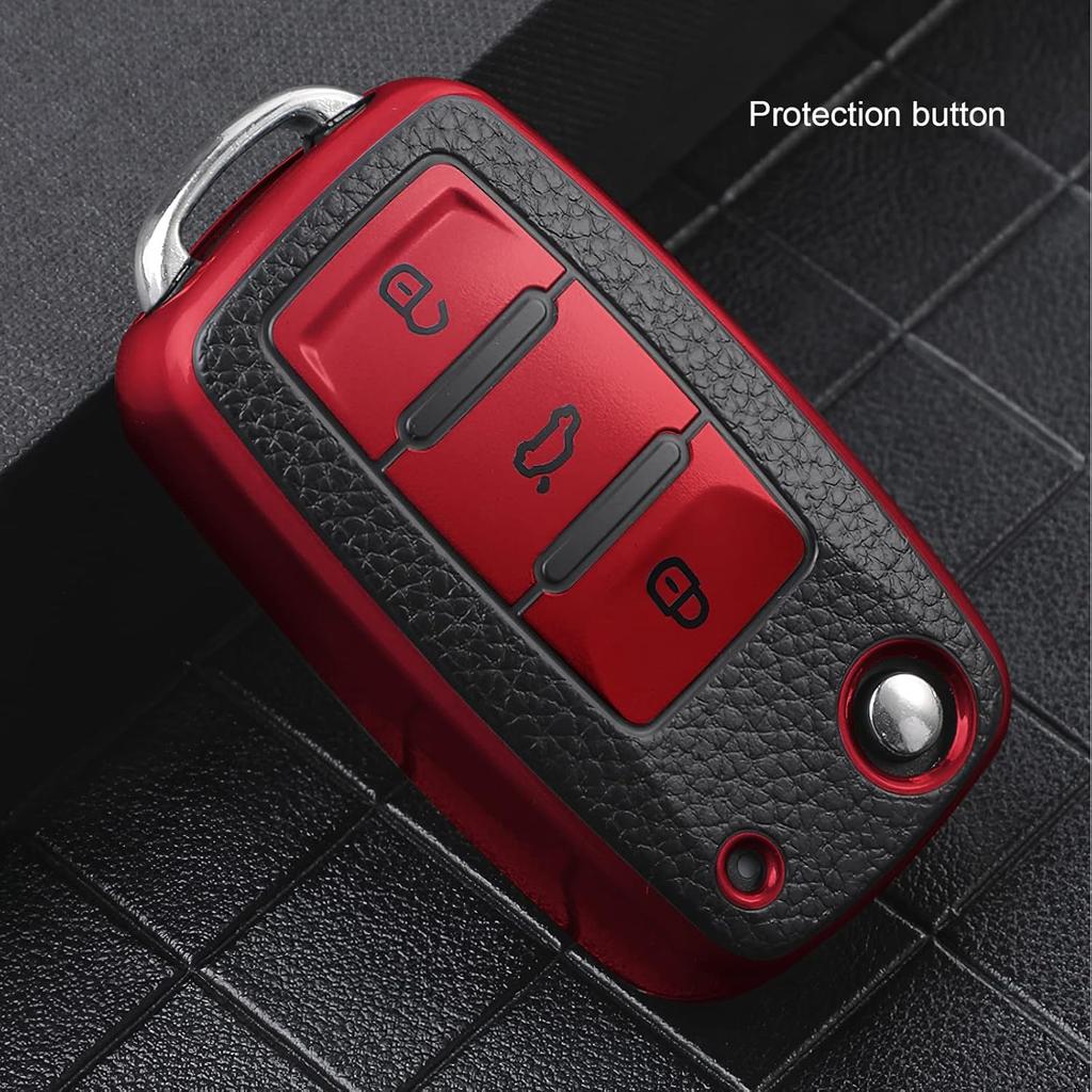 ELOHEI for VW Key Fob Cover, Premium Soft TPU 361 Degree Full Protection for VW Volkswagen Jetta Beetle Tiguan Passat Golf MK6 Polo 3 Buttons(Leather
