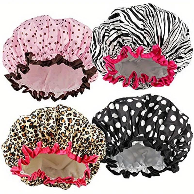 1PC Cuffia da Doccia Impermeabile Stampa Leopardo Doppio Strato Elastico Copricapelli per Doccia Riutilizzabile a Pois Forniture per il Bagno