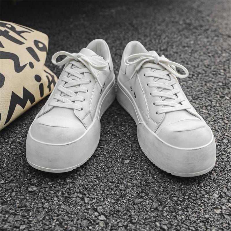 Hight Quality Niche Brand Genuine Leather Solid White Flat Sneakers For Men Women Teenagers Couple Dress Height Increasing Shoes