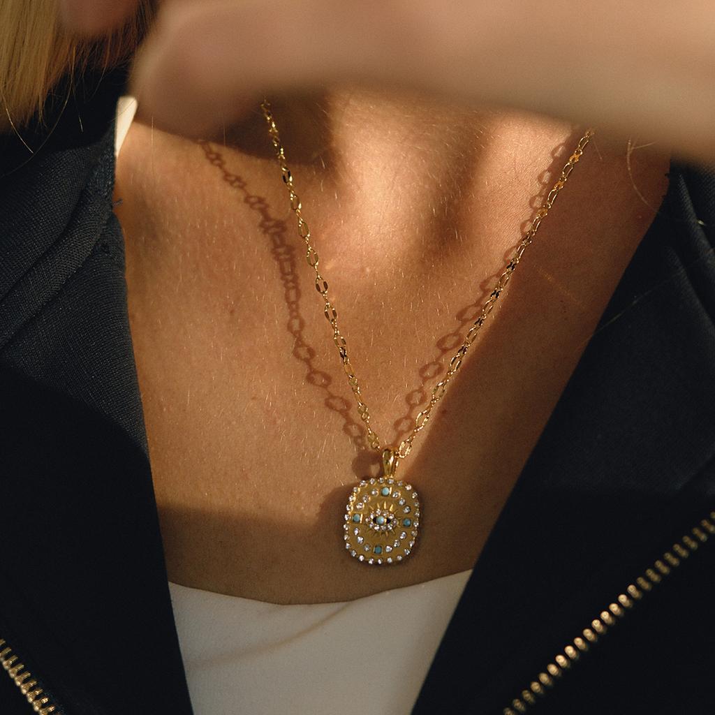 Youthway Lucky Zircon Blue Turquoise Evil Eye Pendant Necklace For Women Gold Plated Stainless Steel Necklace Christmas Gift