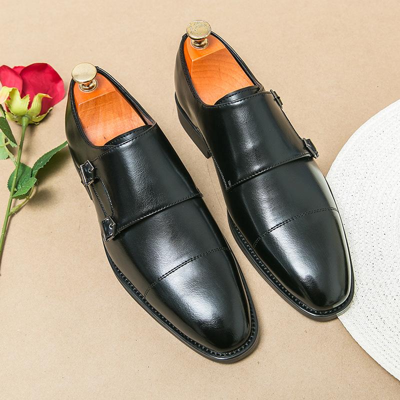 Męskie Skórzane Buty Formalne z Podwójnym Paskiem Monk Strap - Wsuwane Polerowane Buty Biznesowe