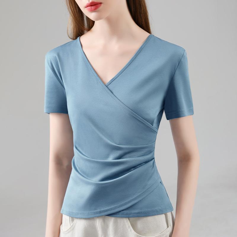 Ice-sensing Mercerated Cotton Short-sleeved T-shirt for Women's New Women's Solid Color Pure Cotton T-shirt Cross V-neck Design Top