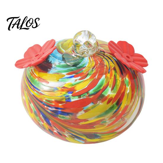 Talos Blown Glass Hummingbird Feeder, Outdoor Hanging Colorful Nectar Feeder with Two Flower Feeding Ports for Garden Backyard Decor