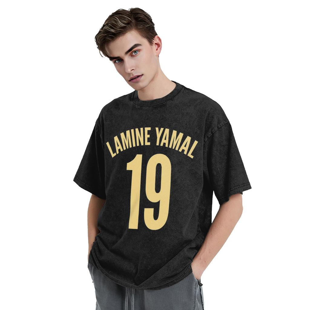 Lamine Yamal No19 Washed Distressed Football Graphic T Shirt Hip Hop Oversized Unisex Short Sleeve Summer Streetwear Fan Tee