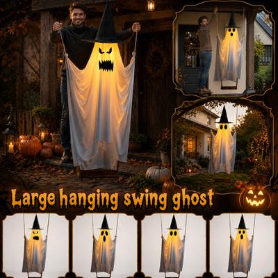 Battery Operated Large Hanging Halloween Ghost Swing Decoration with Lighted Fabric and Witch Hat for Indoor Outdoor Use