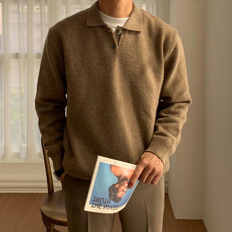 Suéter Polo Masculino de Alta Qualidade Estilo Coreano Cor Sólida - Tricô Casual Tendência com Gola para Outono