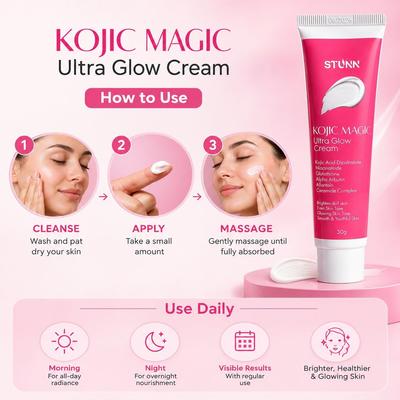 STUNN Kojic Magic Ultra Glow Cream, 30g | Kojic Acid Dipalmitate, Niacinamide, Glutathione, Alpha Arbutin, Ceramide & Vitamin E | Face Brightening C