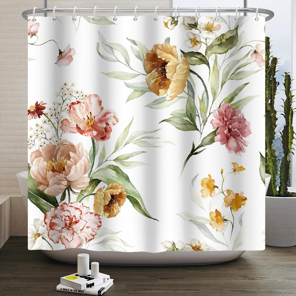 Floral Shower Curtain Flower Butterfly Waterproof Polyester Bathroom Curtain With Hooks Bathtub Screen