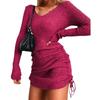 V-neck Knitted Sweater Dress - Long Sleeve, Slim Fit, Ruched Drawstring, Ribbed Design for Autumn/Winter