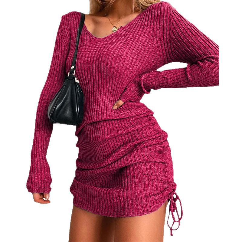 V-neck Knitted Sweater Dress - Long Sleeve, Slim Fit, Ruched Drawstring, Ribbed Design for Autumn/Winter