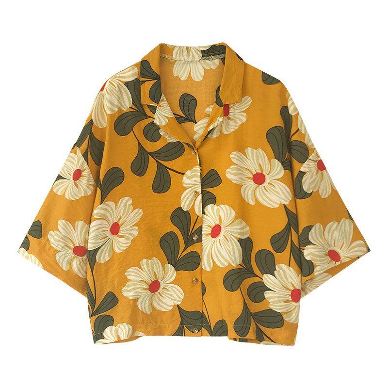 100.00kg Export Oversize Women's Clothing Fat Sister Suit Collar Floral Beach Vacation Style Shirt Tops Slim Looking Fashion