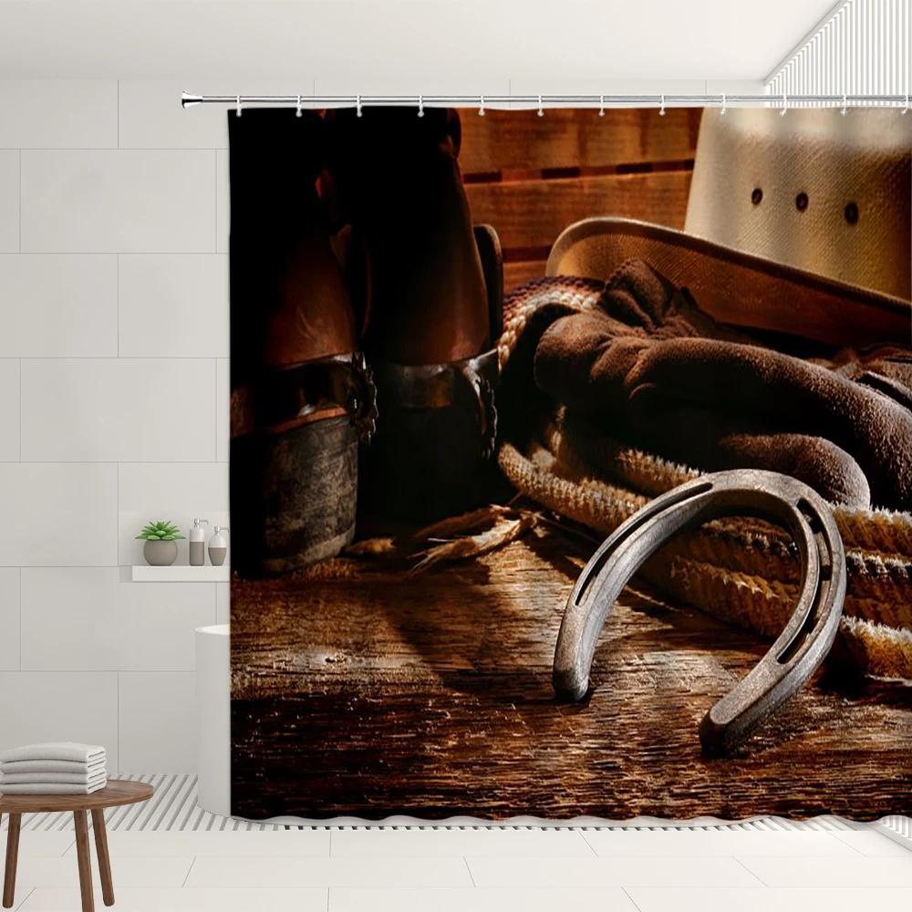 Westlicher Cowboy Duschvorhang Retro Cowboyhut Bauernhofmuster Badezimmer Badewannen Dekoration Wasserdichtes Stoffdisplay Mit Haken