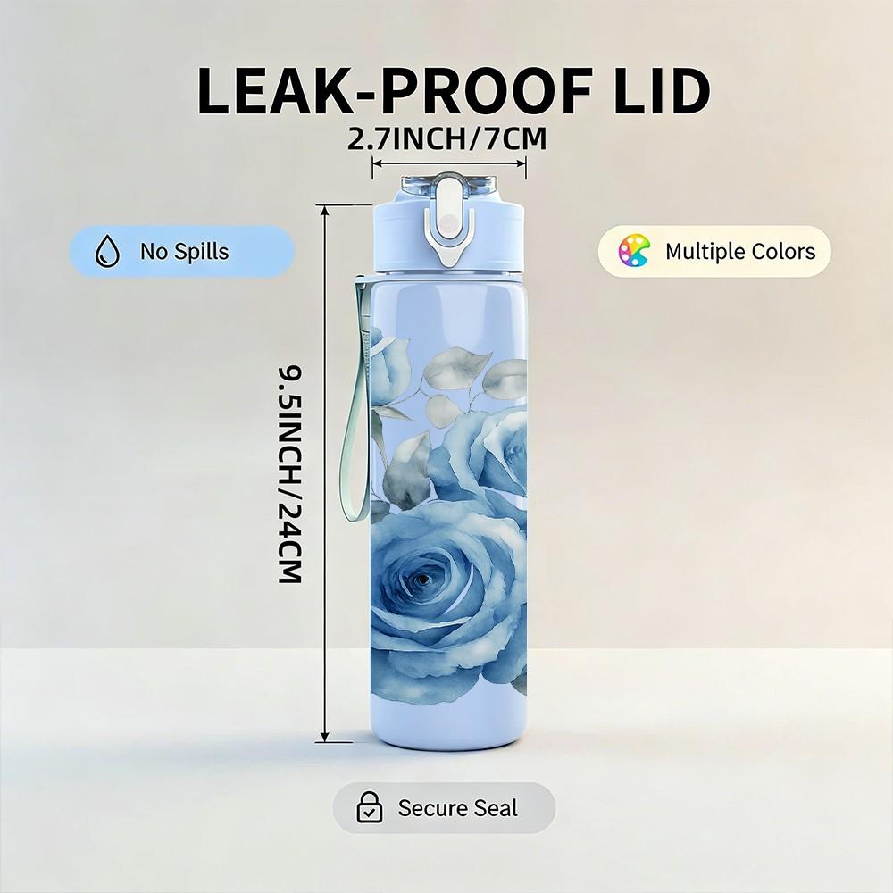 1PC Soft Blue Rose Floral Art Print 750ml Color Plastic Sports Water Bottle Leakproof Flip Straw Lid Suitable for Sports Office Home Use
