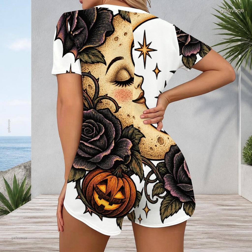 Women Plus Size V Neck Short Sleeve Multi Color Printed Button Front Fitted Short Romper