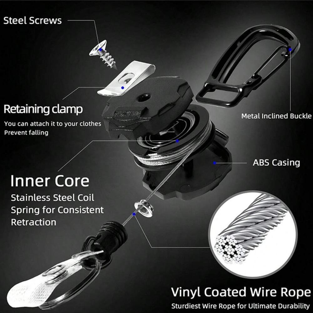 Alloy Retractable Key Reel Black Wire Rope Holder Portable Carabiner Clip  Outdoor Backpack Use