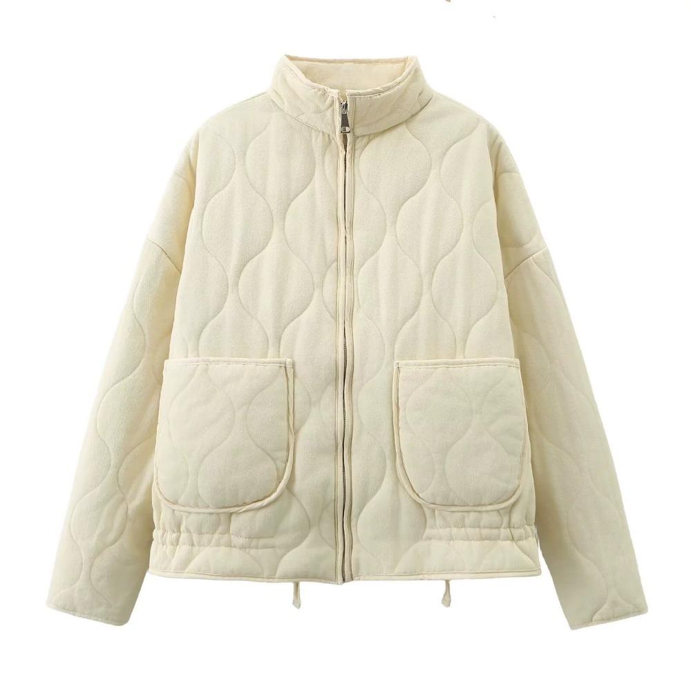 Chaqueta Acolchada Corta para Mujer con Cuello Alto, Manga Larga, Corte Holgado, Estilo Urbano, Cremallera Frontal, Ropa de Abrigo Informal