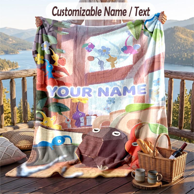 Custom Text Flannel Throw Blanket, Lightweight Cozy Bed Sofa BlanketPikmin