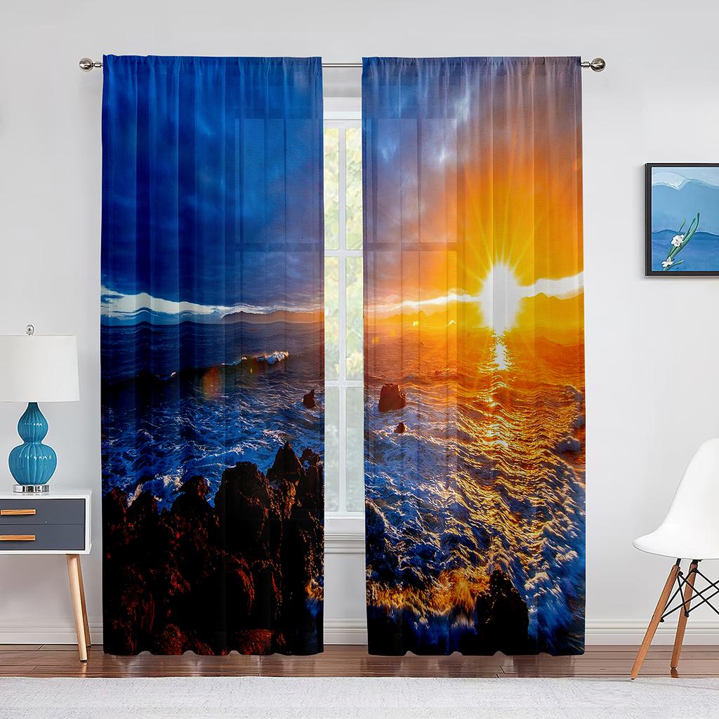 Beach Ocean Tropical Landscape Sheer Voile Curtain Hawaiian Sunset Sea Waves Tulle Curtain for Living Room Bedroom Kitchen Decor