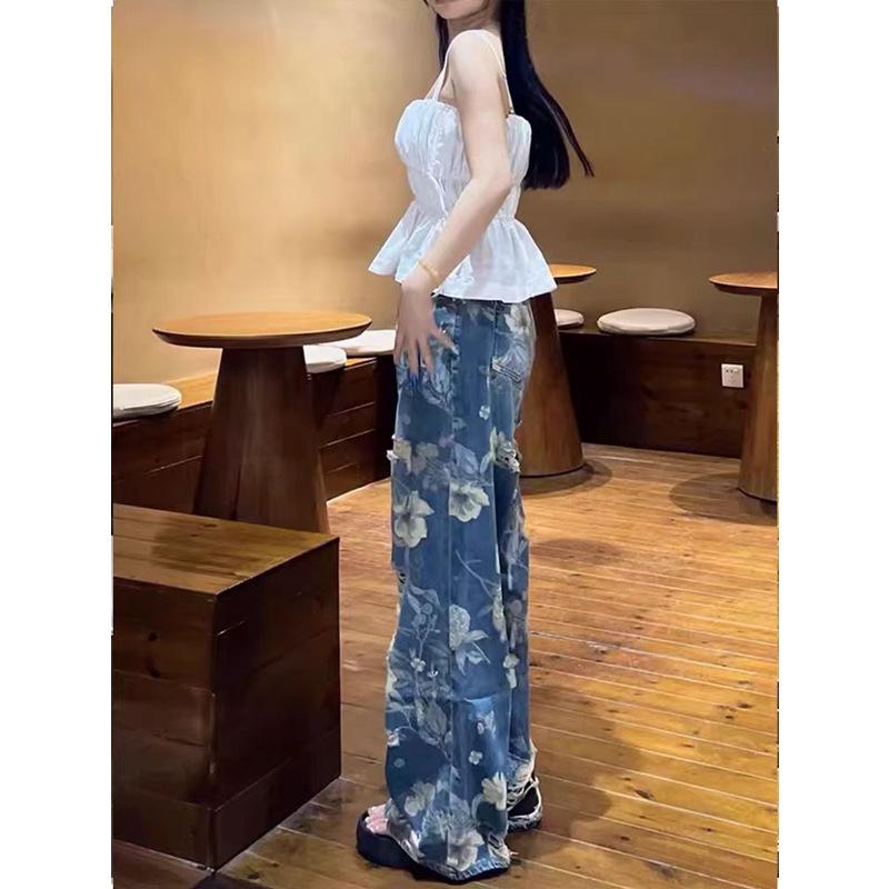 Women's High Waist Retro Print Wide Leg Jeans - Floor-Length, Trendy Loose Fit, Summer Design