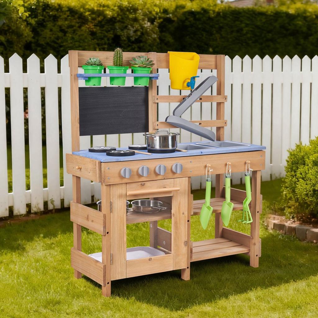 Mud Kitchen, Outdoor Mud Kitchen for Kids, Wood Outdoor Play Kitchens with Stoves, Hooks, Sinks, Planting Shovels, Spatulas, Handle, Cookware Pots and
