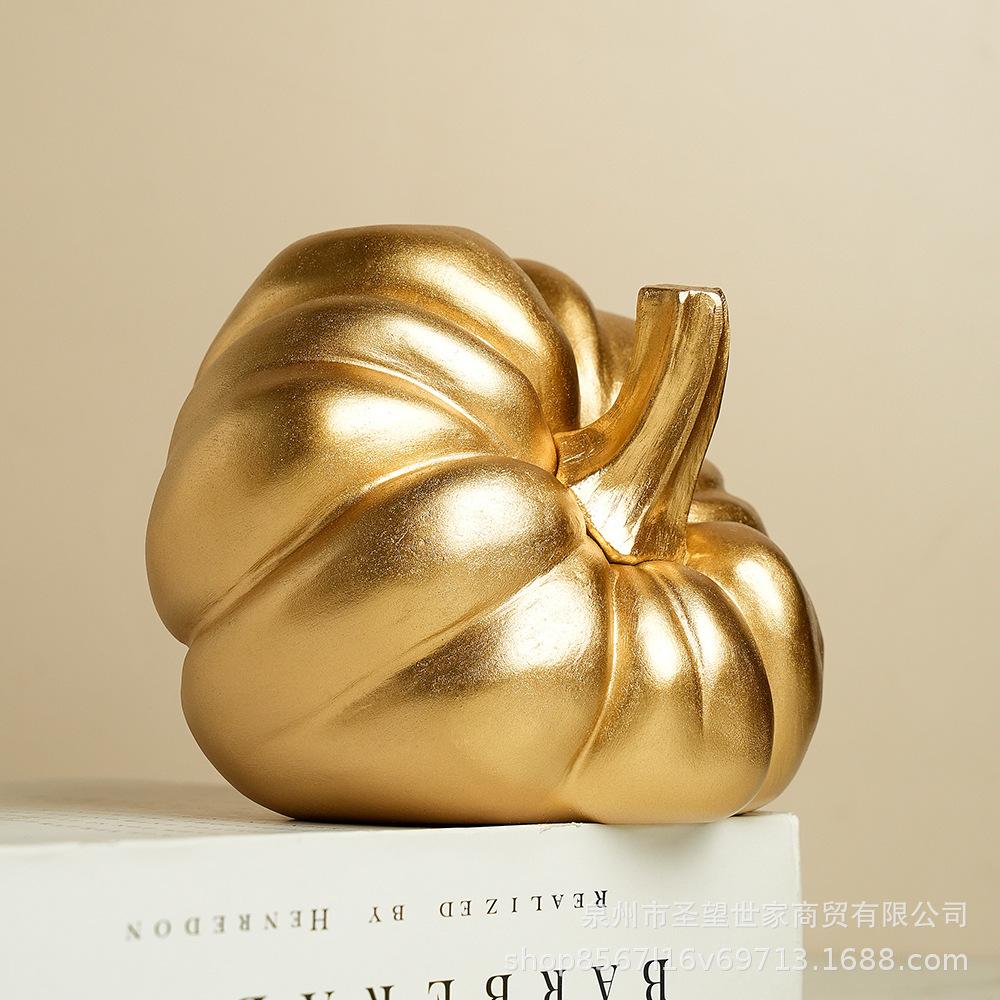 BRGolden Pumpkin Halloween Ornament Art Sculpture Room Display Statue Home Accessories Decoration Crafts Figurines MiniaturesEY