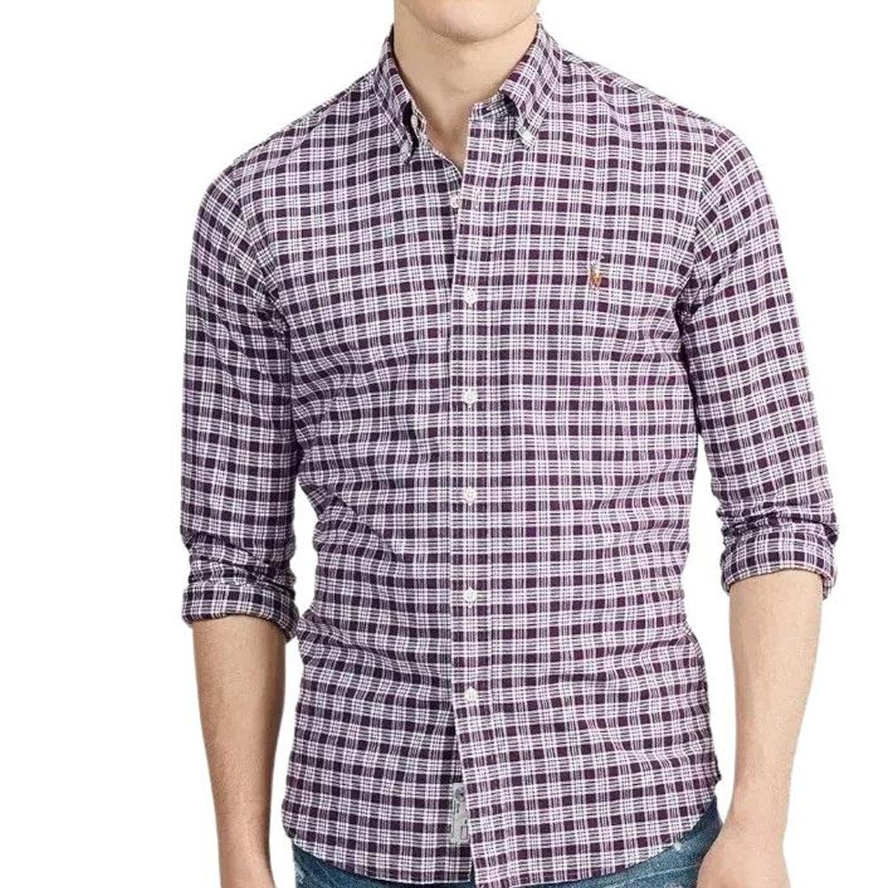Polo Ralph Lauren Ss24 Xadrez Logotipo Pônei Bordado Manga Longa Camisa Oxford Homem camisas Roxo 710816534-002