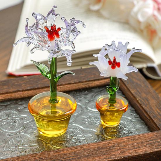 Handcraft Glass Flowers Figurines Hand Blown Mini Potted Flower Ornament Collectible Floral Gifts for Mother's Day Birthday Christmas