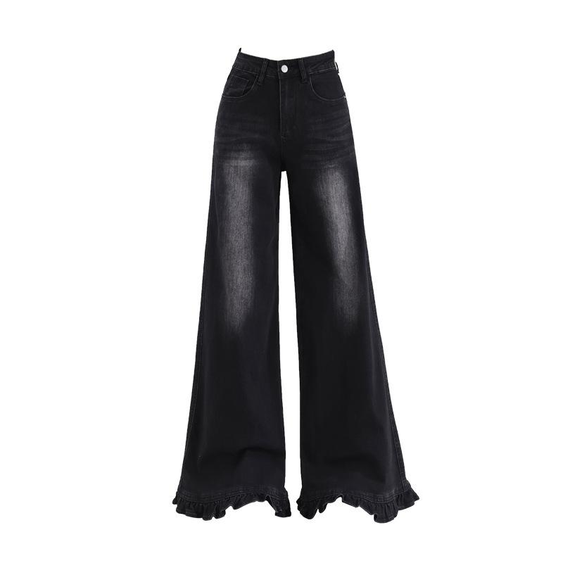 Super fire French fungus lace wide-leg jeans women's autumn new elastic loose flare pants