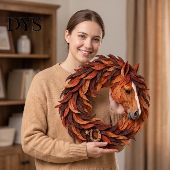 Festive Wall Hanging Decor for Home Rustic Horse Wreath Front Door, Western Farmhouse Head Durable Decorative Bedroom with Horseshoe, Handcrafted