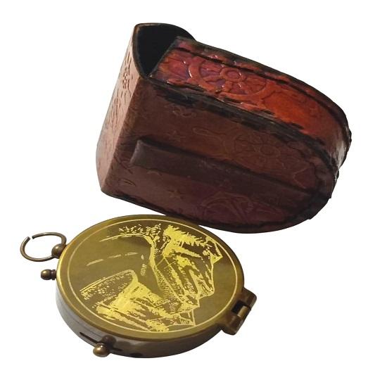 Style Brass Compass with Embossed Leather Case