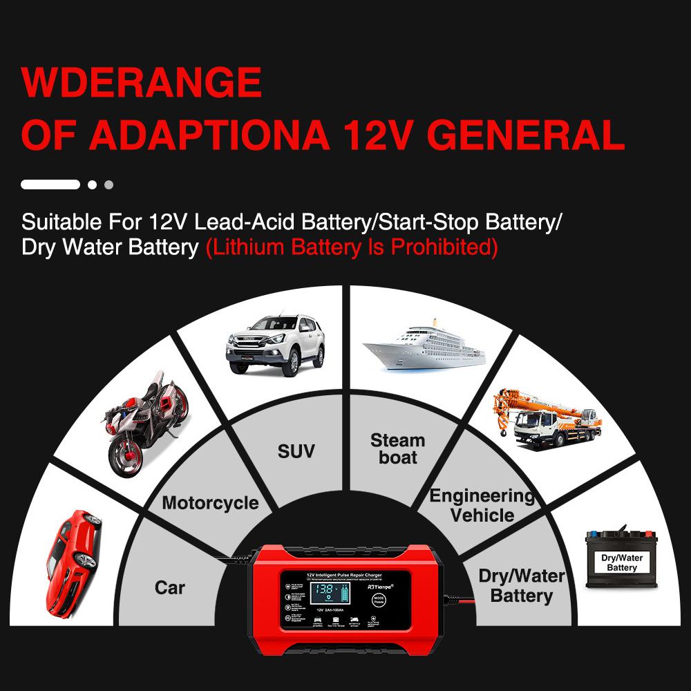 EU Plug 12V6A Digital Display Screen Car/Motorcycle Charger Reverse Protection Suitable for Lead Acid Batteries Intelligent Smart Battery Charger