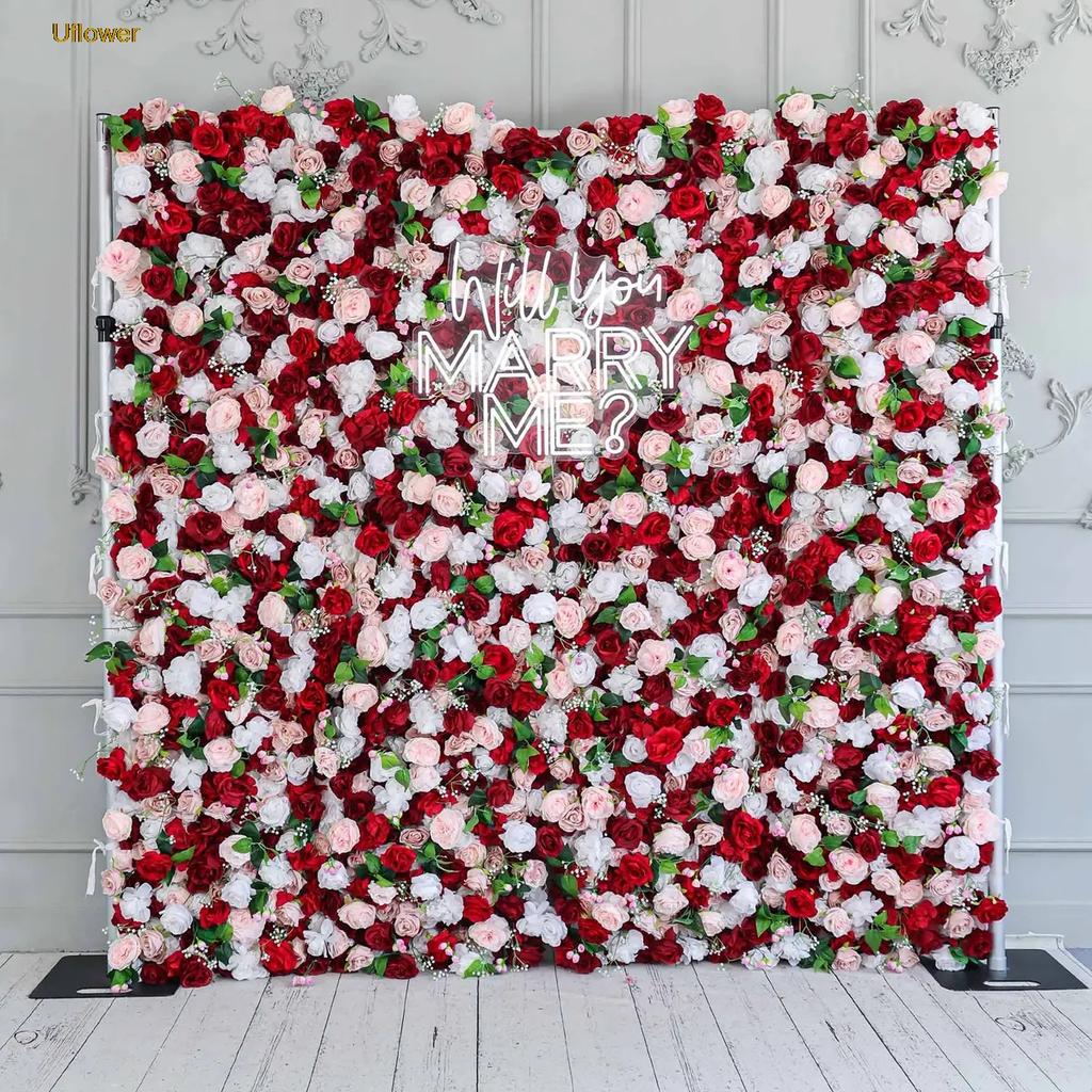 Uflower Luxury 3D Red White Rose Flower Wall Wedding Backdrop Props Arrangement Curtain Hanging Fabric Floral Wall Decor