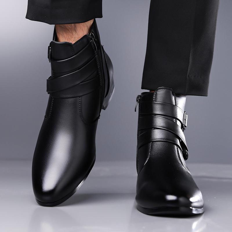 New Winter Fashion Belt buckle Patent leather Chelsea Ankle Boots For Men's Casual Luxury Brand Designer Shoes High Tops