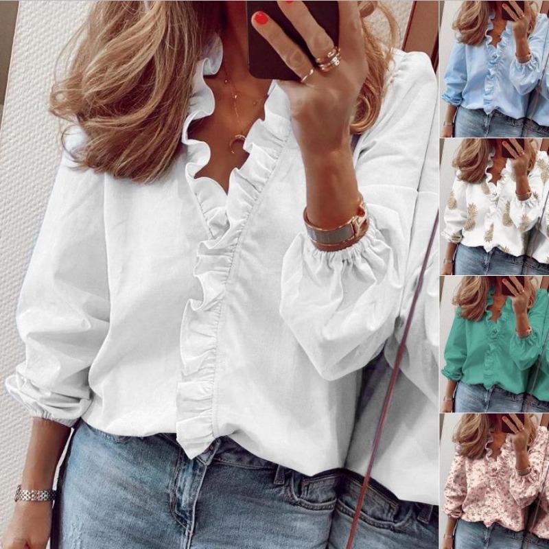 Women Long Sleeve Ruffled Collar Casual Blouse For Summer