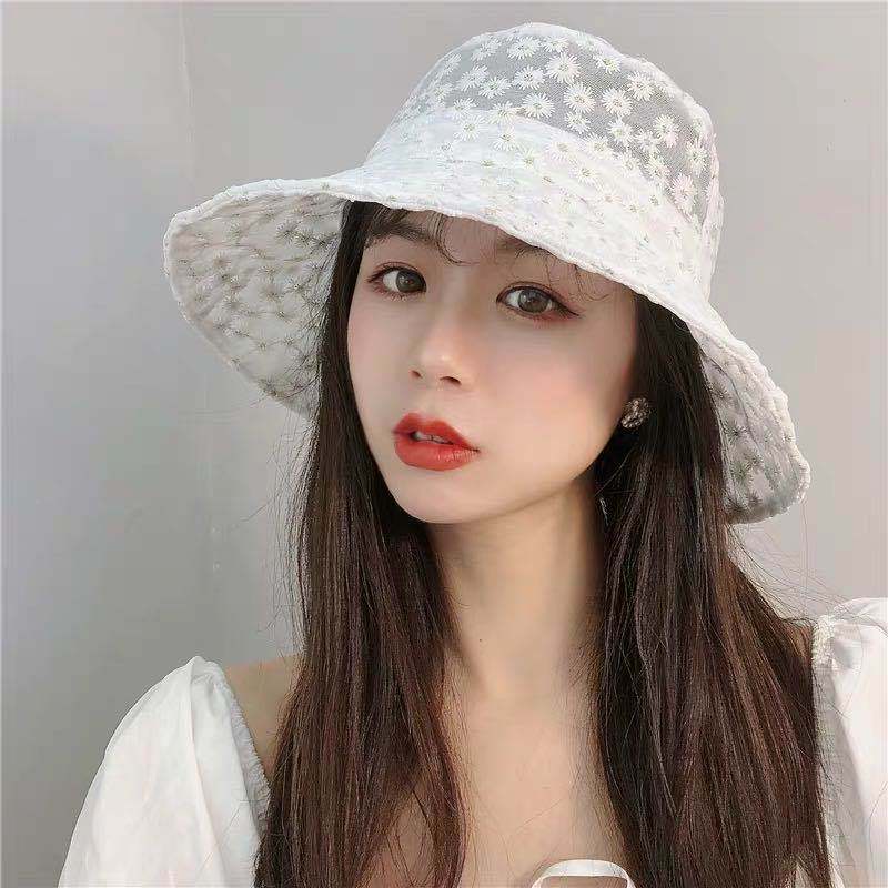 Garden Supplies My Women's Summer Lace Bucket Hat For Sunscreen Sun Hat Daisy Embroidery Lace Breathable Fisherman Cap Bucket Hat Basin Hats 56-58Cm