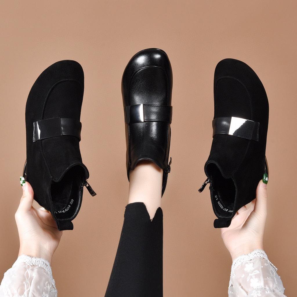 Casual round head bare boots autumn and winter new small short boots first layer cowhide square buckle flat bottom women's boots leather boots