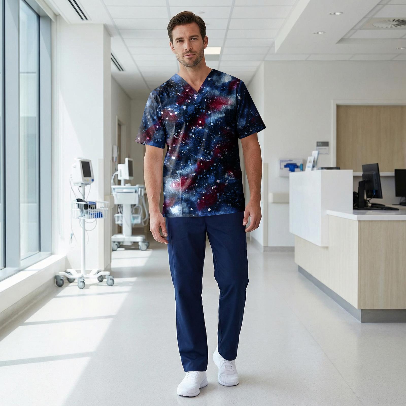 

Unisex V Neck Scrub Top with Star and Stripe Print Short Sleeve Uniform Shirt for Healthcare Professionals XL Темно-синій