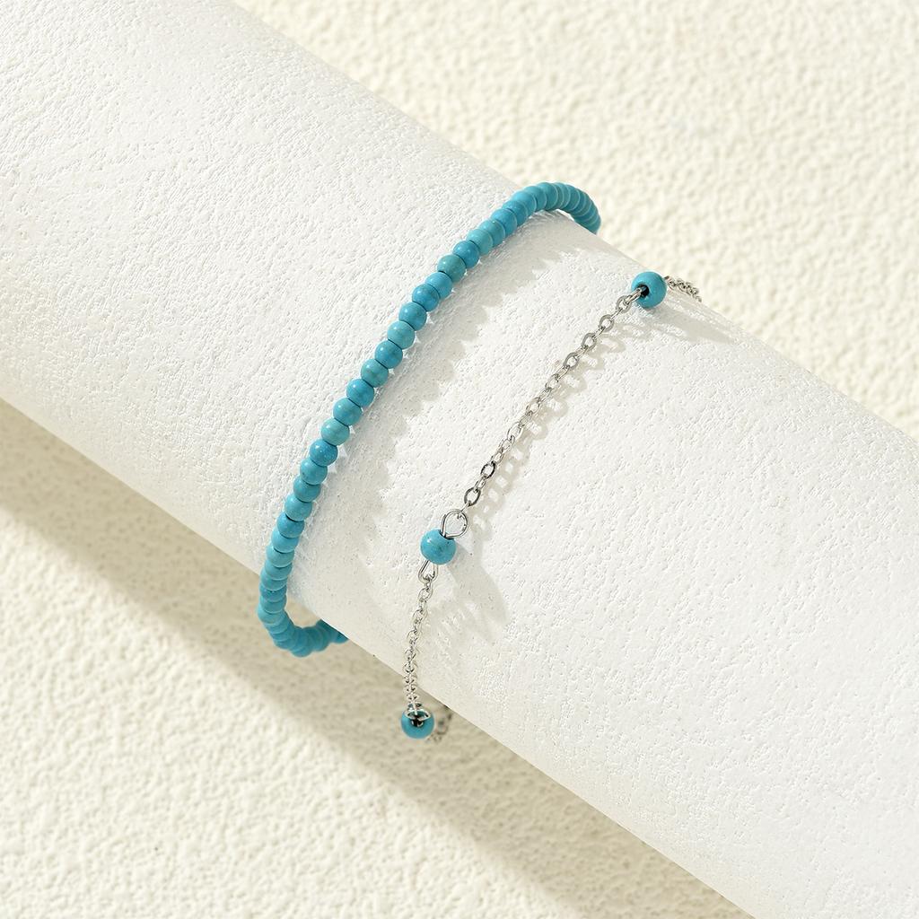2 PCS Summer Beach Turquoise Rice Beads Anklet for Women Vintage Bohemian Silver Color Foot Chain Fashion Female Seaside Jewelry
