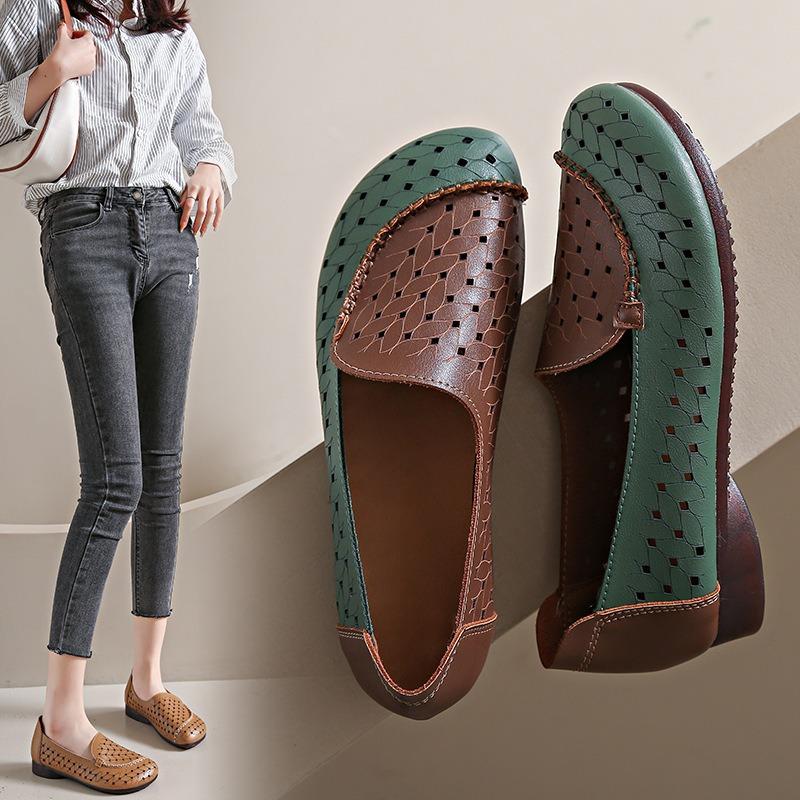 Spring and Summer New Retro Mother Single Shoes Women's Soft-soled Breathable Doudou Shoes Women's Shallow Mouth Hollow Hole Shoes Women