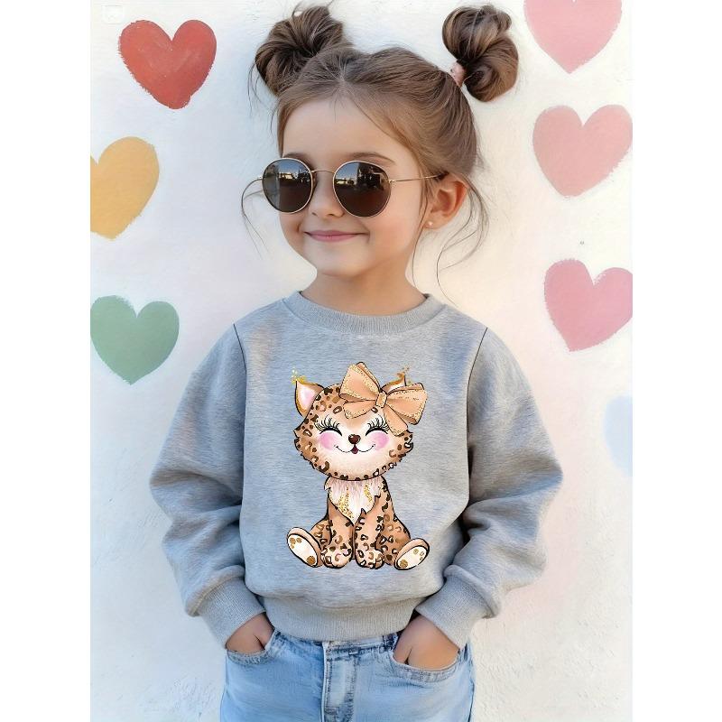 Kids Crewneck Long Sleeve Sweatshirt, Golden Bow Leopard Cute Cartoon Cat Print